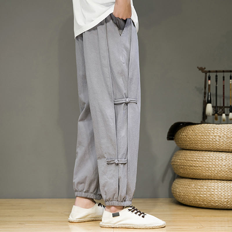 Summer Vintage Drawstring Chinese Frog-Button Design Men's Cotton Linen Harem Pants With Pockets