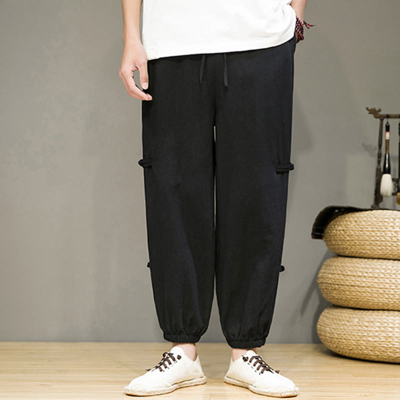 Summer Vintage Drawstring Chinese Frog-Button Design Men's Cotton Linen Harem Pants With Pockets