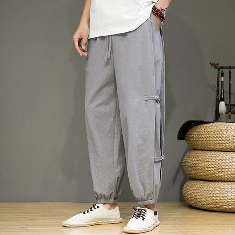 Summer Vintage Drawstring Chinese Frog-Button Design Men's Cotton Linen Harem Pants With Pockets
