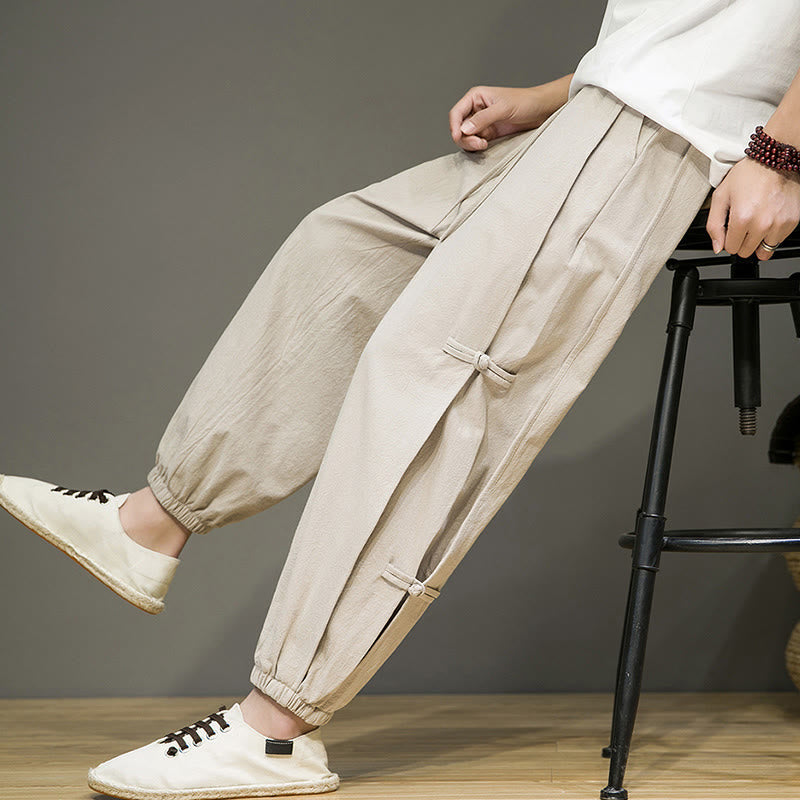 Summer Vintage Drawstring Chinese Frog-Button Design Men's Cotton Linen Harem Pants With Pockets
