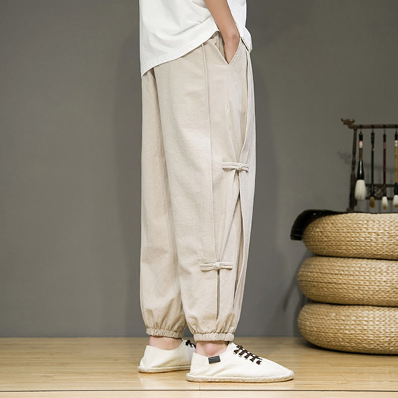 Summer Vintage Drawstring Chinese Frog-Button Design Men's Cotton Linen Harem Pants With Pockets