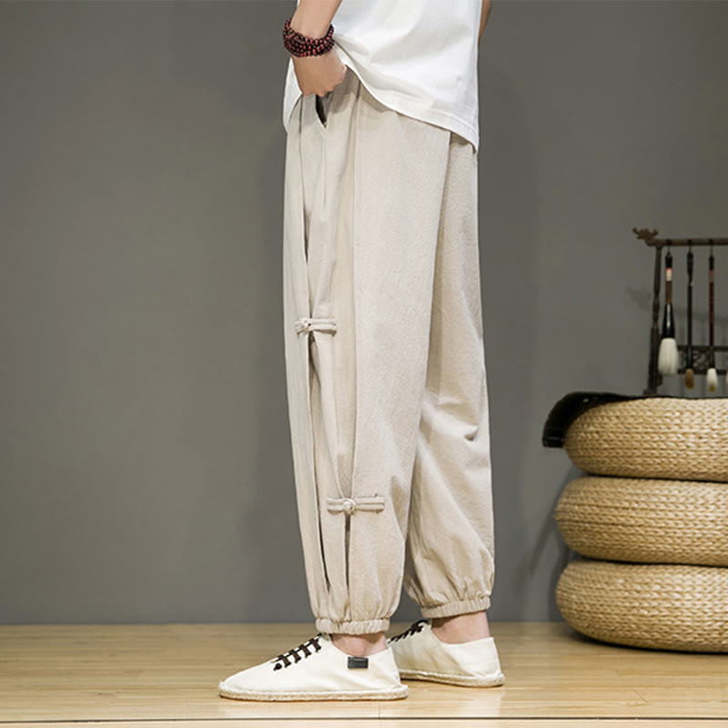 Summer Vintage Drawstring Chinese Frog-Button Design Men's Cotton Linen Harem Pants With Pockets