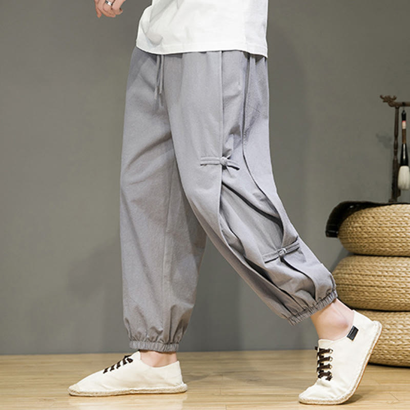 Summer Vintage Drawstring Chinese Frog-Button Design Men's Cotton Linen Harem Pants With Pockets