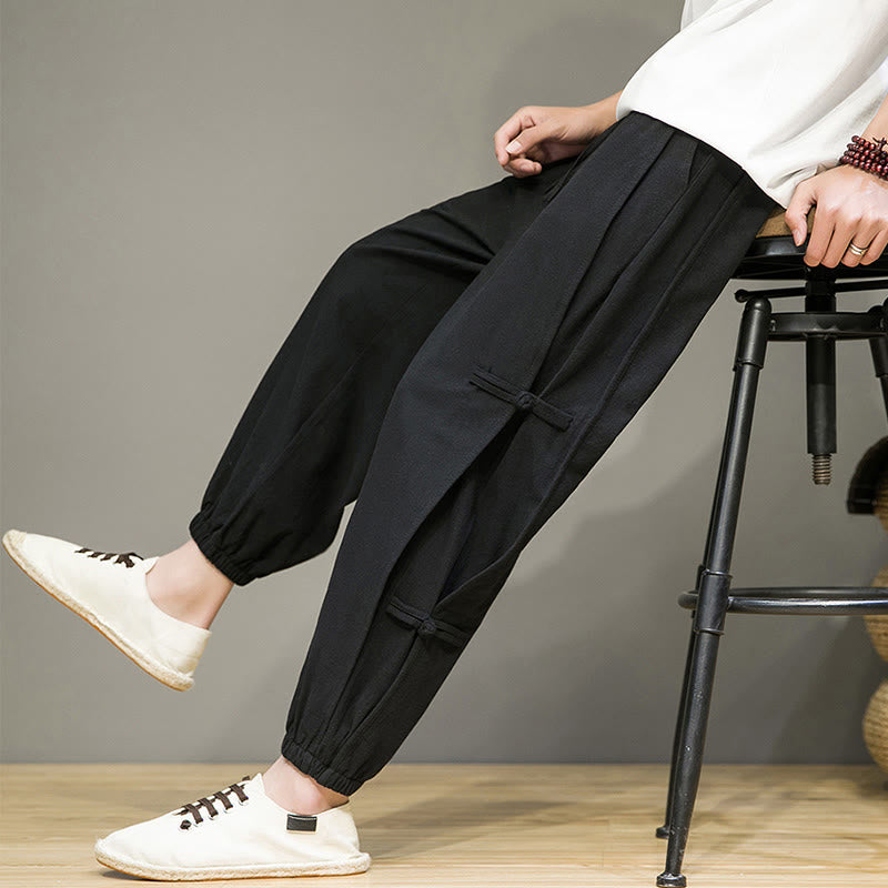 Summer Vintage Drawstring Chinese Frog-Button Design Men's Cotton Linen Harem Pants With Pockets