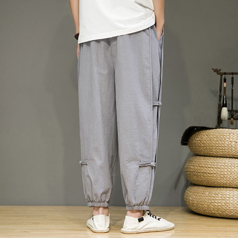 Summer Vintage Drawstring Chinese Frog-Button Design Men's Cotton Linen Harem Pants With Pockets