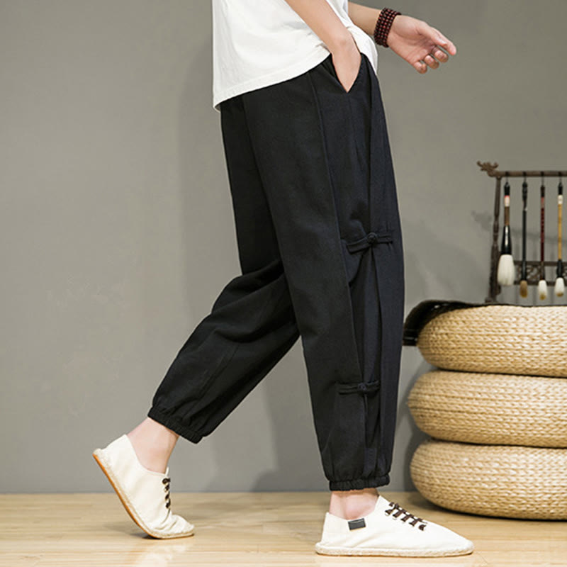 Summer Vintage Drawstring Chinese Frog-Button Design Men's Cotton Linen Harem Pants With Pockets