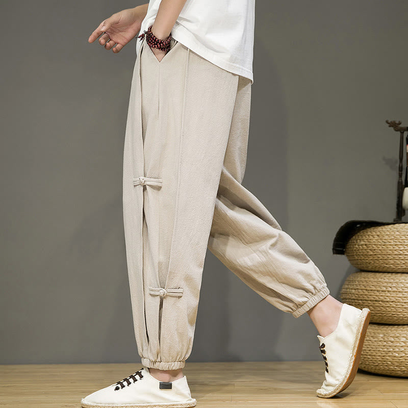Summer Vintage Drawstring Chinese Frog-Button Design Men's Cotton Linen Harem Pants With Pockets