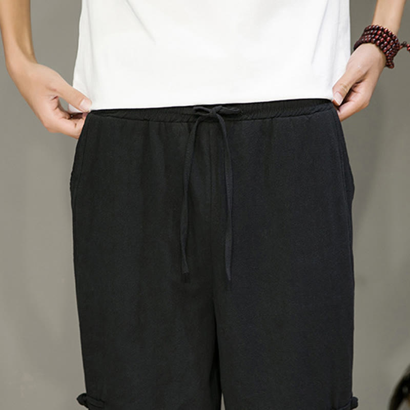 Summer Vintage Drawstring Chinese Frog-Button Design Men's Cotton Linen Harem Pants With Pockets