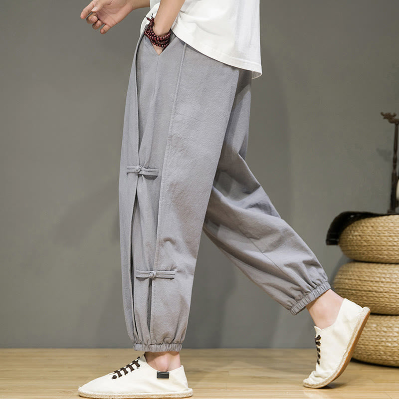 Summer Vintage Drawstring Chinese Frog-Button Design Men's Cotton Linen Harem Pants With Pockets