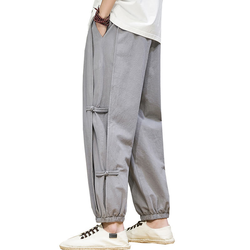 Summer Vintage Drawstring Chinese Frog-Button Design Men's Cotton Linen Harem Pants With Pockets