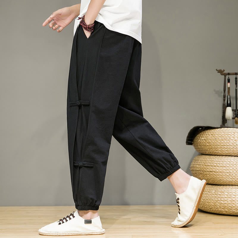 Summer Vintage Drawstring Chinese Frog-Button Design Men's Cotton Linen Harem Pants With Pockets