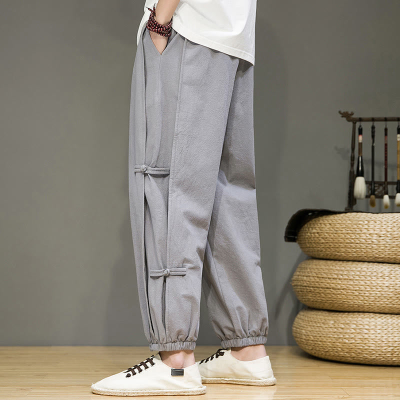 Summer Vintage Drawstring Chinese Frog-Button Design Men's Cotton Linen Harem Pants With Pockets