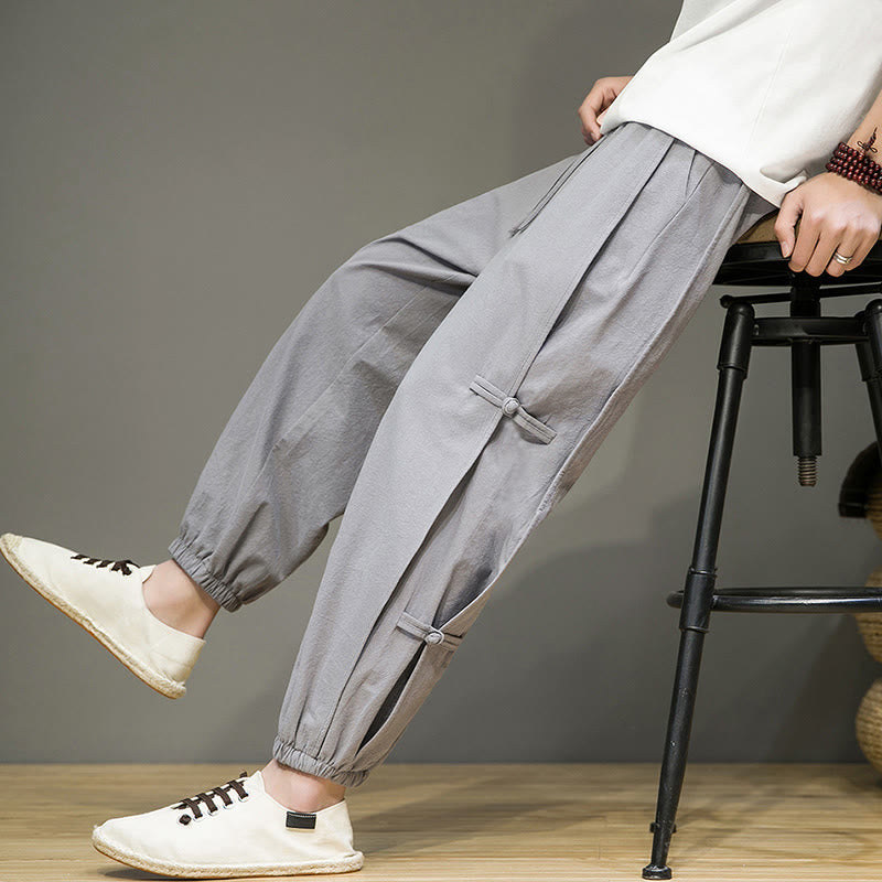 Summer Vintage Drawstring Chinese Frog-Button Design Men's Cotton Linen Harem Pants With Pockets