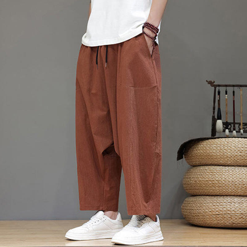 Casual Plain Low Crotch Design Drawstring Men's Cotton Elastic Waistband Wide Leg Pants With Pockets