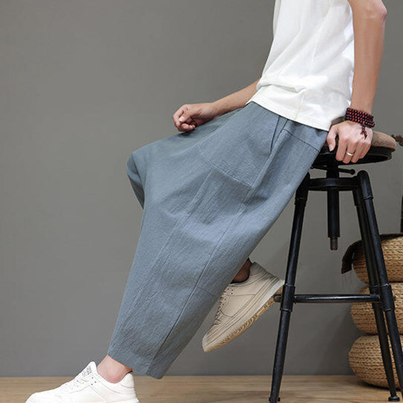 Casual Plain Low Crotch Design Drawstring Men's Cotton Elastic Waistband Wide Leg Pants With Pockets