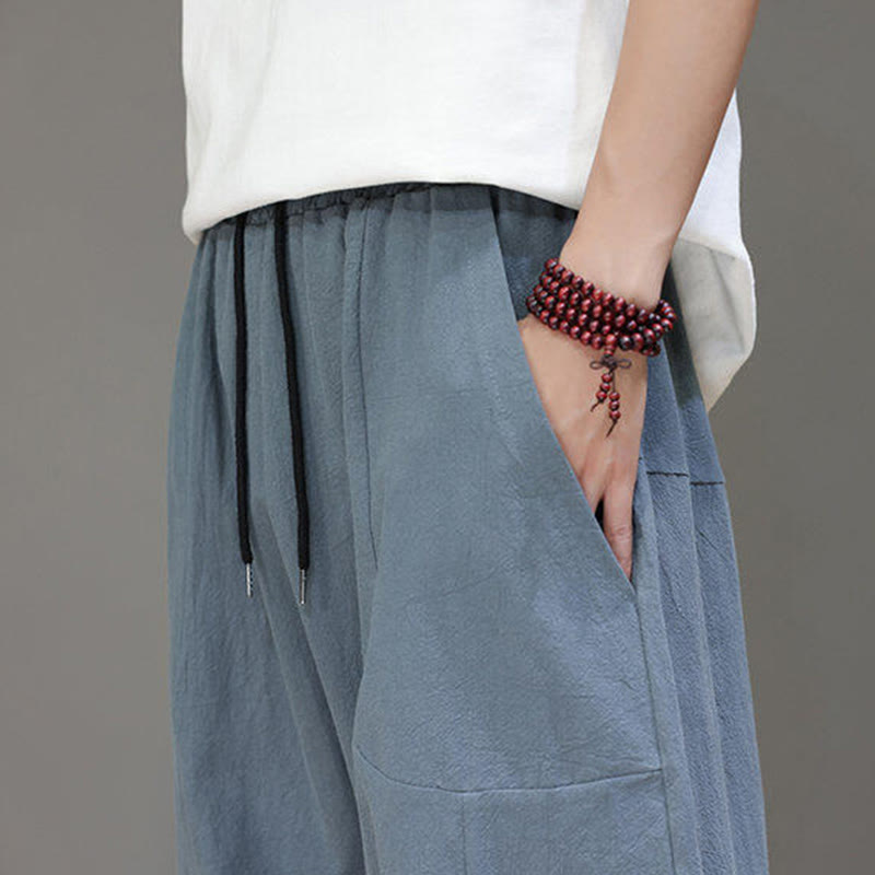 Casual Plain Low Crotch Design Drawstring Men's Cotton Elastic Waistband Wide Leg Pants With Pockets