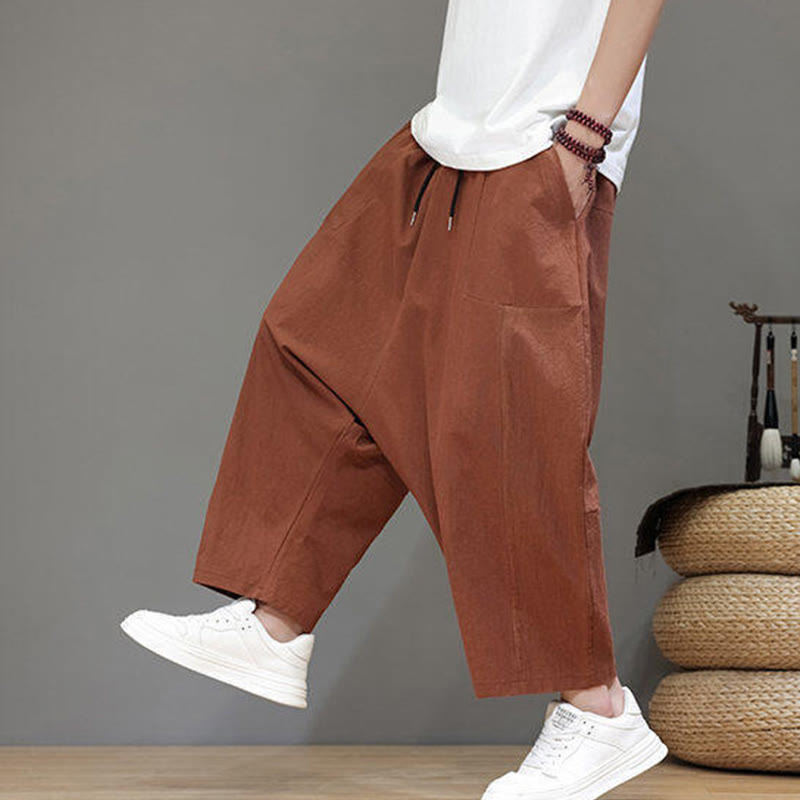 Casual Plain Low Crotch Design Drawstring Men's Cotton Elastic Waistband Wide Leg Pants With Pockets