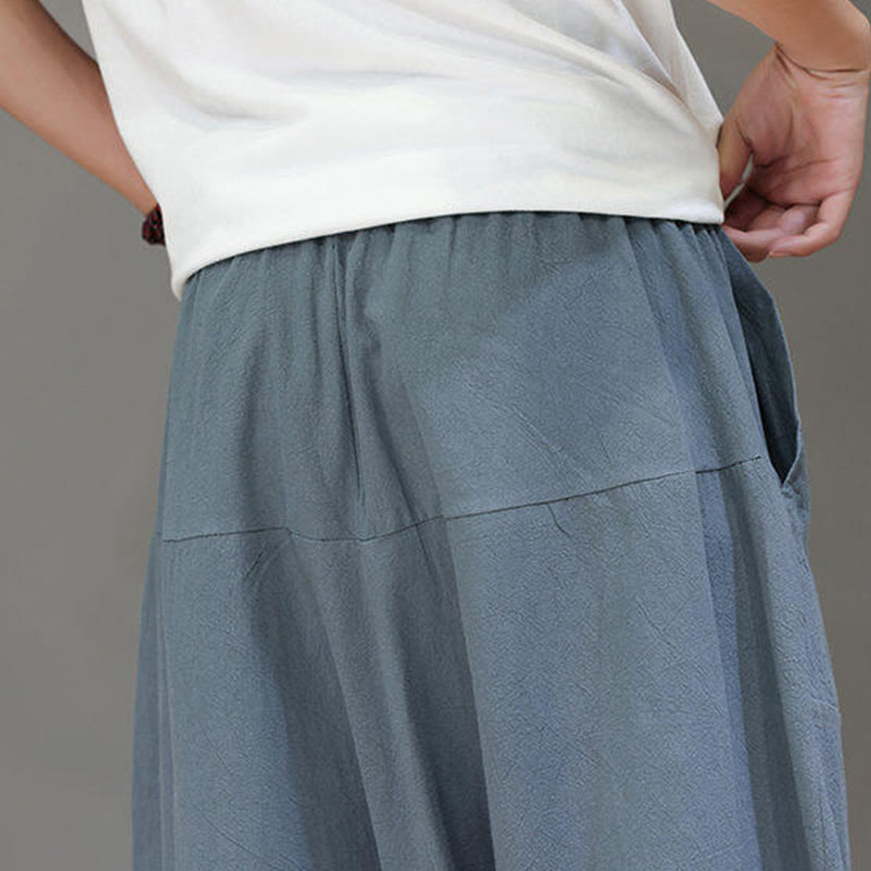 Casual Plain Low Crotch Design Drawstring Men's Cotton Elastic Waistband Wide Leg Pants With Pockets