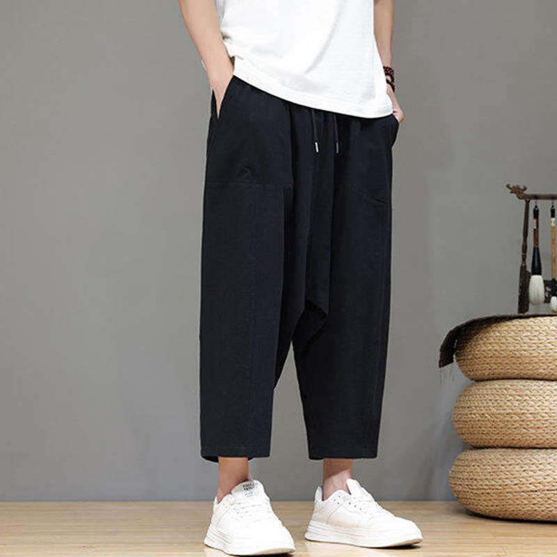 Casual Plain Low Crotch Design Drawstring Men's Cotton Elastic Waistband Wide Leg Pants With Pockets