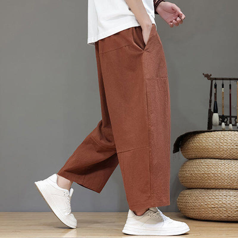 Casual Plain Low Crotch Design Drawstring Men's Cotton Elastic Waistband Wide Leg Pants With Pockets