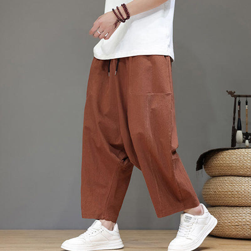 Casual Plain Low Crotch Design Drawstring Men's Cotton Elastic Waistband Wide Leg Pants With Pockets