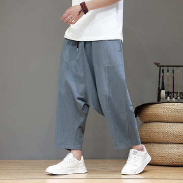 Casual Plain Low Crotch Design Drawstring Men's Cotton Elastic Waistband Wide Leg Pants With Pockets