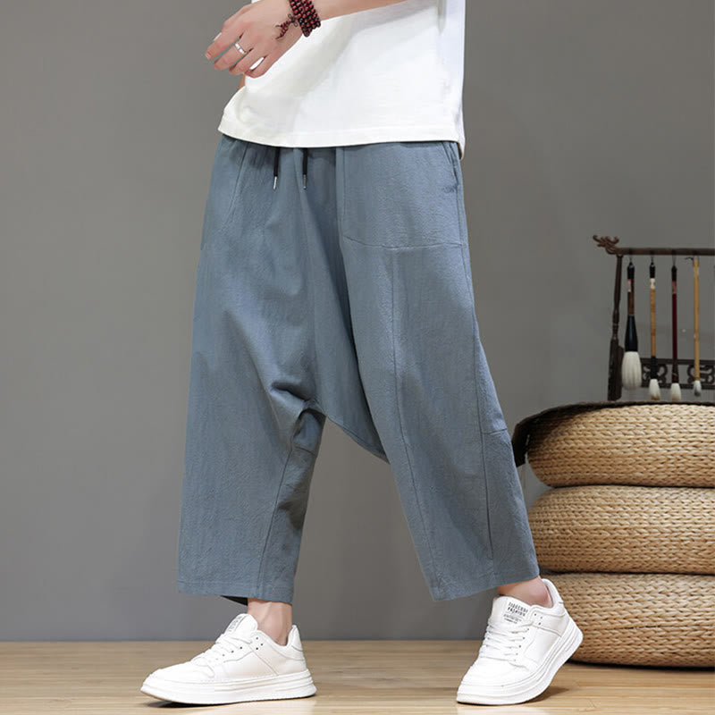 Casual Plain Low Crotch Design Drawstring Men's Cotton Elastic Waistband Wide Leg Pants With Pockets