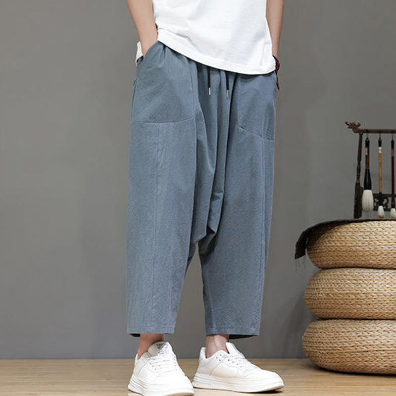 Casual Plain Low Crotch Design Drawstring Men's Cotton Elastic Waistband Wide Leg Pants With Pockets