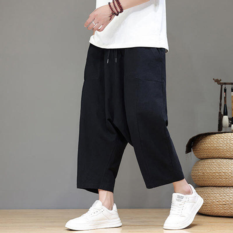 Casual Plain Low Crotch Design Drawstring Men's Cotton Elastic Waistband Wide Leg Pants With Pockets