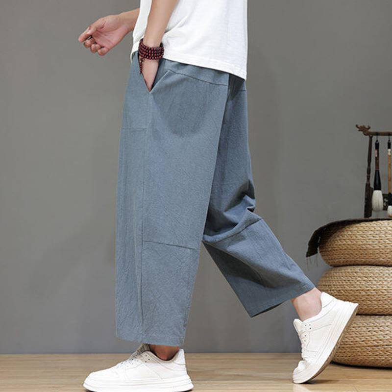 Casual Plain Low Crotch Design Drawstring Men's Cotton Elastic Waistband Wide Leg Pants With Pockets