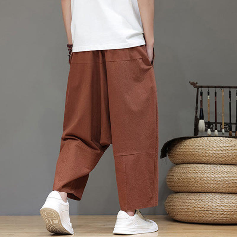 Casual Plain Low Crotch Design Drawstring Men's Cotton Elastic Waistband Wide Leg Pants With Pockets