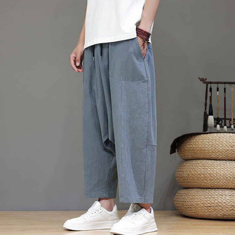 Casual Plain Low Crotch Design Drawstring Men's Cotton Elastic Waistband Wide Leg Pants With Pockets