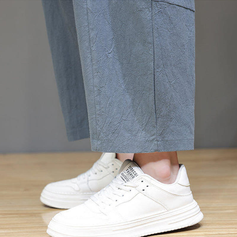 Casual Plain Low Crotch Design Drawstring Men's Cotton Elastic Waistband Wide Leg Pants With Pockets