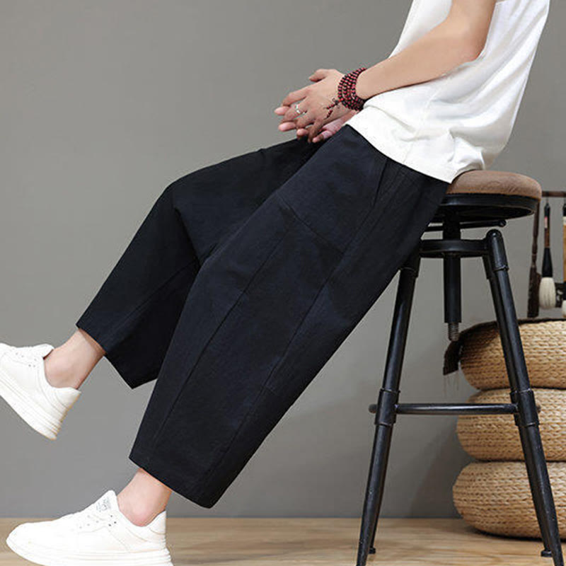 Casual Plain Low Crotch Design Drawstring Men's Cotton Elastic Waistband Wide Leg Pants With Pockets