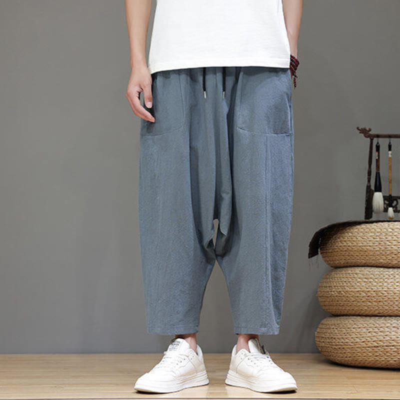 Casual Plain Low Crotch Design Drawstring Men's Cotton Elastic Waistband Wide Leg Pants With Pockets
