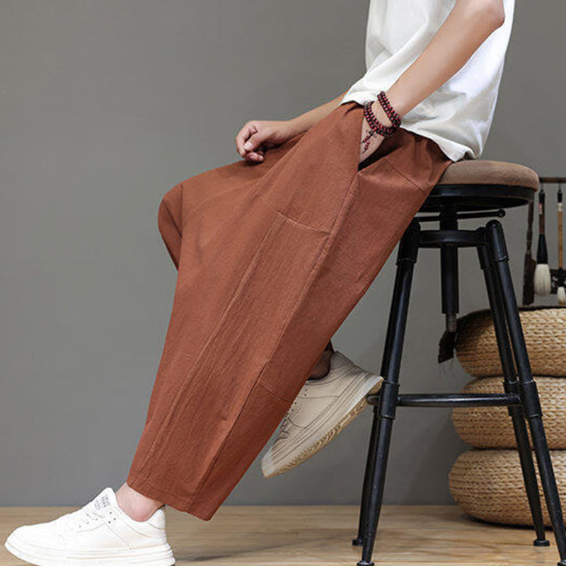 Casual Plain Low Crotch Design Drawstring Men's Cotton Elastic Waistband Wide Leg Pants With Pockets