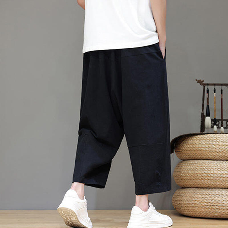 Casual Plain Low Crotch Design Drawstring Men's Cotton Elastic Waistband Wide Leg Pants With Pockets