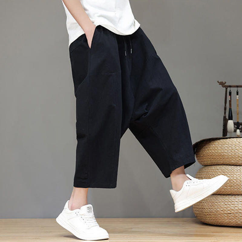 Casual Plain Low Crotch Design Drawstring Men's Cotton Elastic Waistband Wide Leg Pants With Pockets