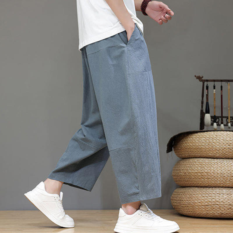 Casual Plain Low Crotch Design Drawstring Men's Cotton Elastic Waistband Wide Leg Pants With Pockets