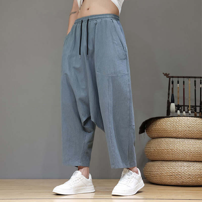 Casual Plain Low Crotch Design Drawstring Men's Cotton Elastic Waistband Wide Leg Pants With Pockets