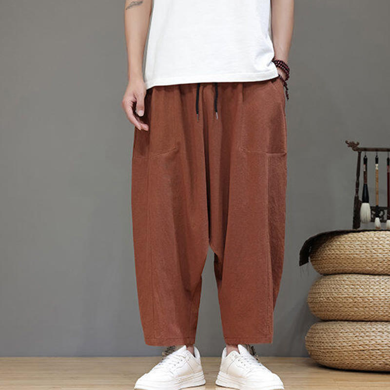 Casual Plain Low Crotch Design Drawstring Men's Cotton Elastic Waistband Wide Leg Pants With Pockets
