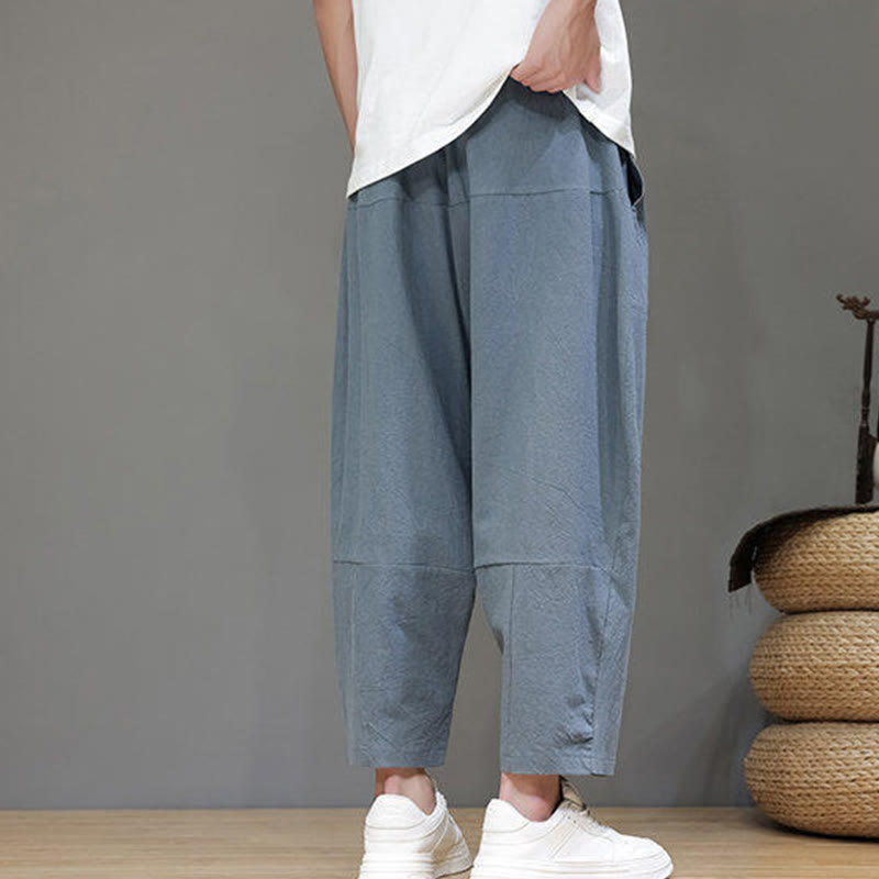 Casual Plain Low Crotch Design Drawstring Men's Cotton Elastic Waistband Wide Leg Pants With Pockets