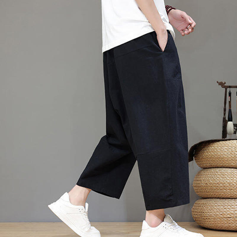 Casual Plain Low Crotch Design Drawstring Men's Cotton Elastic Waistband Wide Leg Pants With Pockets