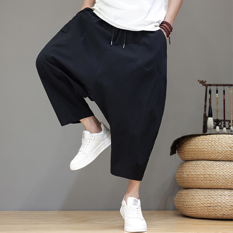 Casual Plain Low Crotch Design Drawstring Men's Cotton Elastic Waistband Wide Leg Pants With Pockets