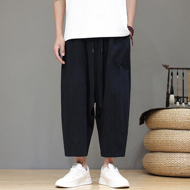 Casual Plain Low Crotch Design Drawstring Men's Cotton Elastic Waistband Wide Leg Pants With Pockets