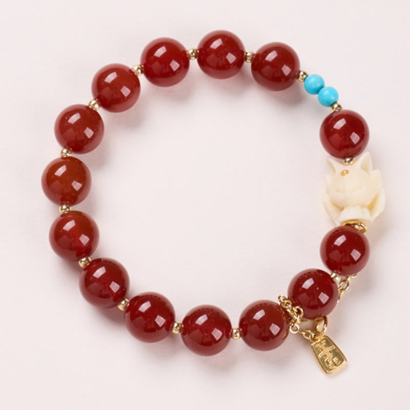 Red Agate and Tagua Nut Fox Bracelet with Turquoise and Gold Plated Copper Accents