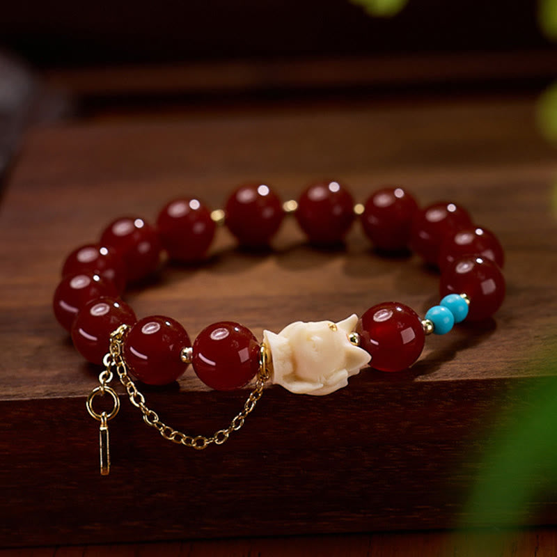 Red Agate and Tagua Nut Fox Bracelet with Turquoise and Gold Plated Copper Accents