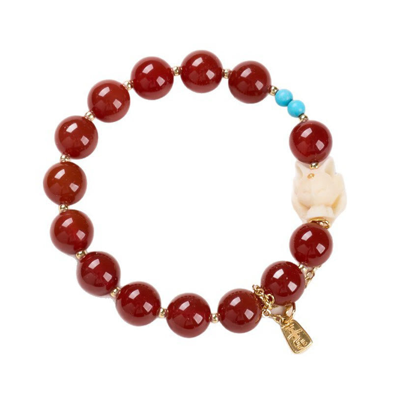 Red Agate and Tagua Nut Fox Bracelet with Turquoise and Gold Plated Copper Accents