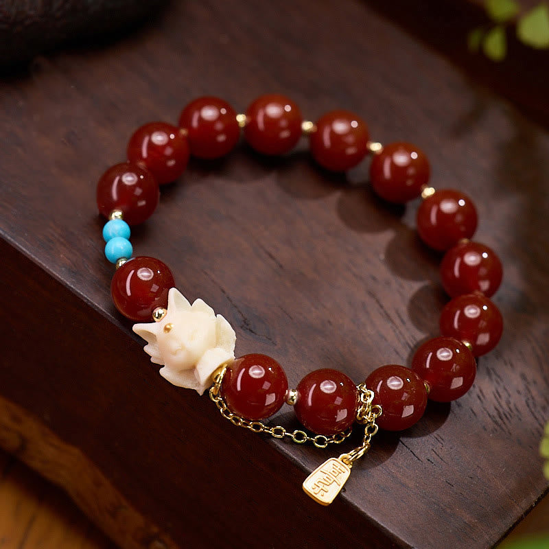 Red Agate and Tagua Nut Fox Bracelet with Turquoise and Gold Plated Copper Accents