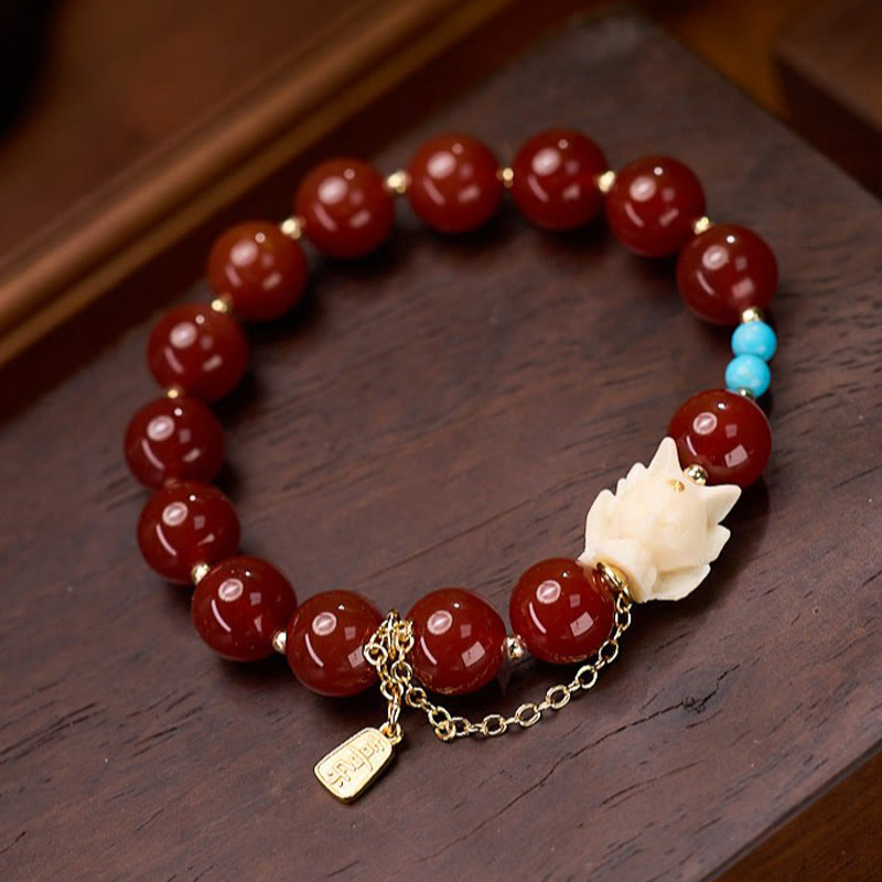 Red Agate and Tagua Nut Fox Bracelet with Turquoise and Gold Plated Copper Accents